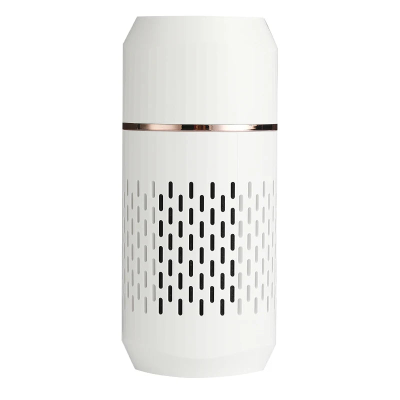 A portable white air purifier with a cylindrical shape and a metallic band at the top.