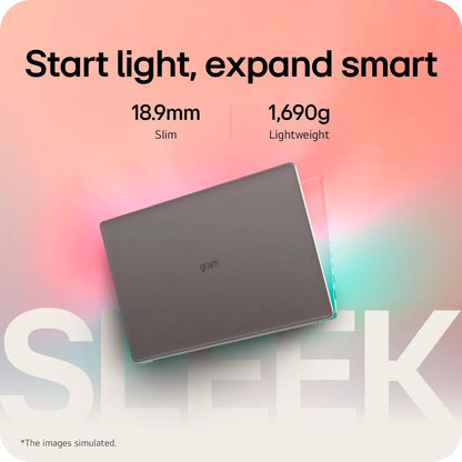 Laptop with 'g' brand on a gradient background with text about dimensions and weight.