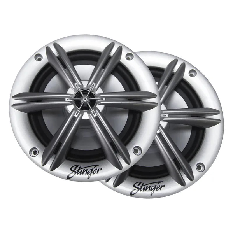 Pair of Stinger car speakers with metallic finish on a white background