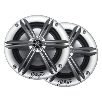 Pair of Stinger car speakers with metallic finish on a white background