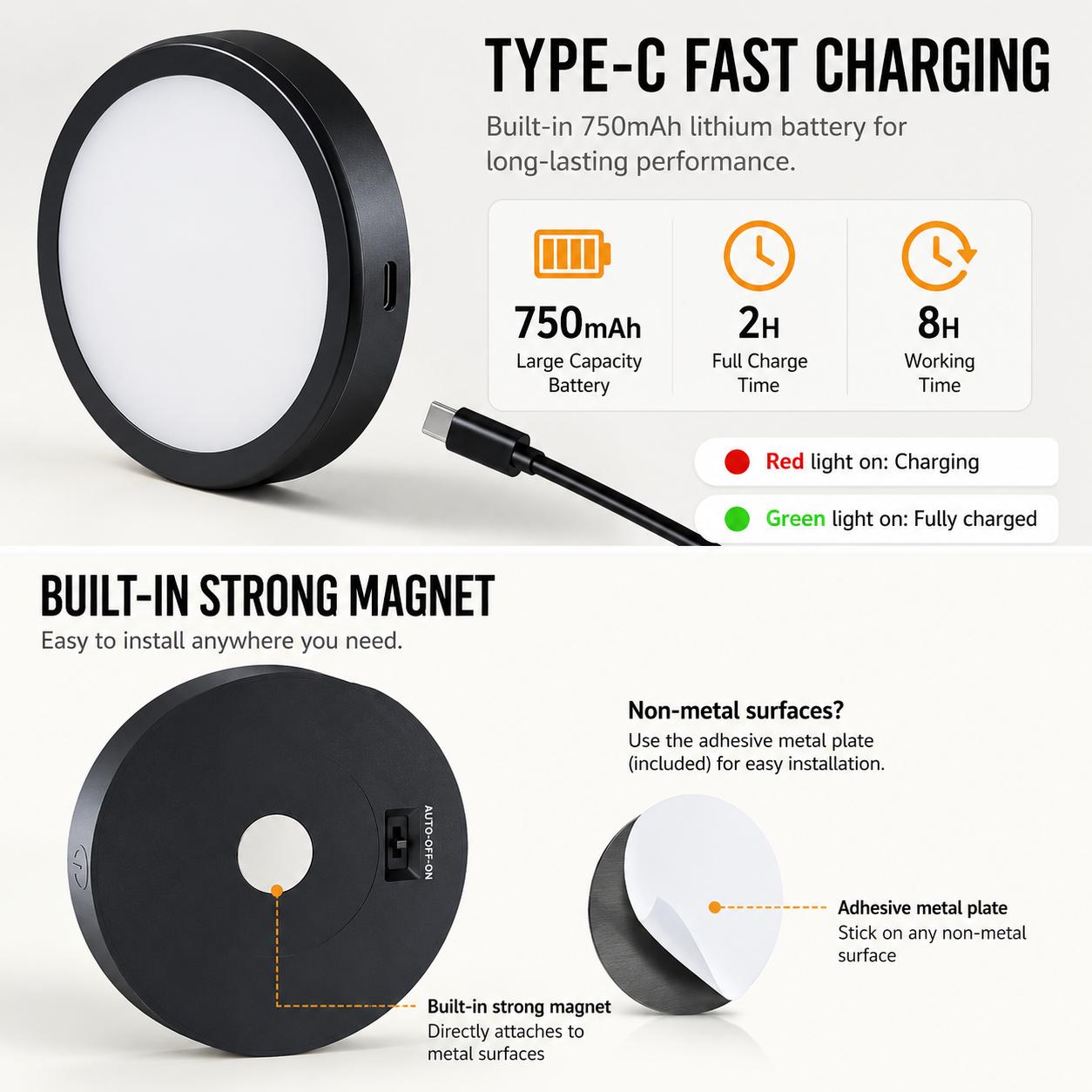 Black circular device with USB cable, featuring text on charging and magnet properties.