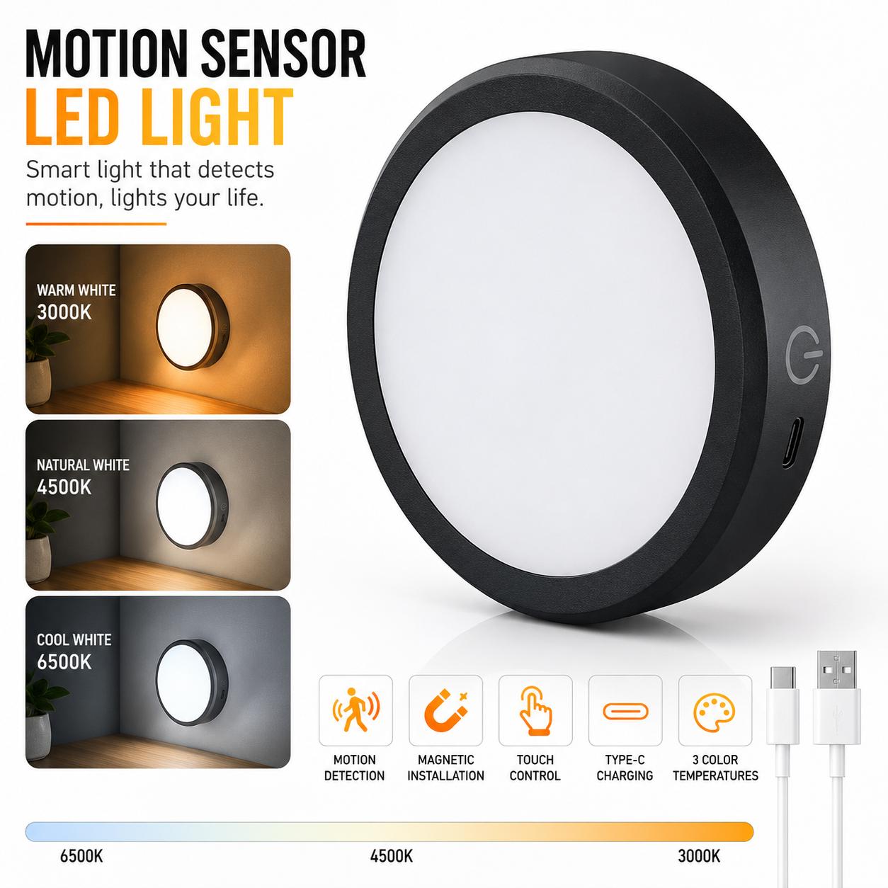 Round motion sensor LED light with color temperature options on a white background