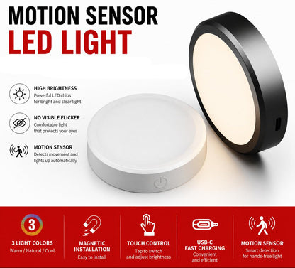 Motion sensor LED light with features and specifications on a white background