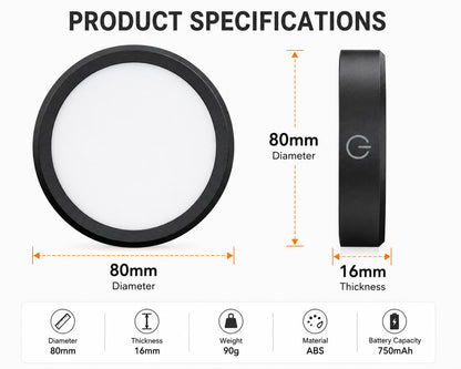 Product specifications of a circular device with dimensions and features listed.