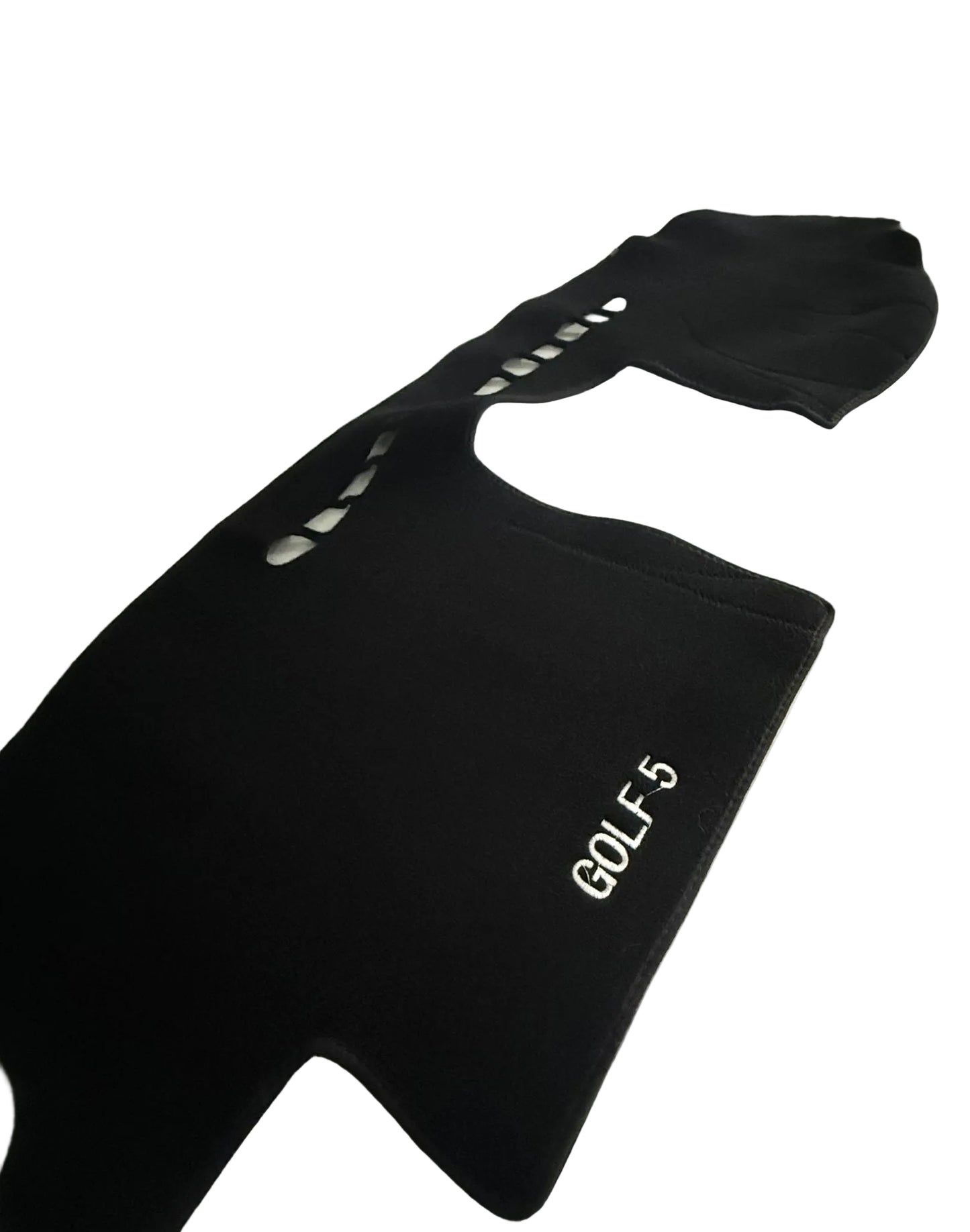 Black car mat with 'GOLF 5' branding on a white surface.