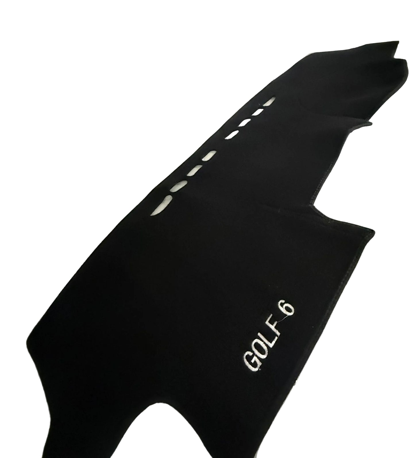 Black car mat with 'GOLF 6' text on a white surface