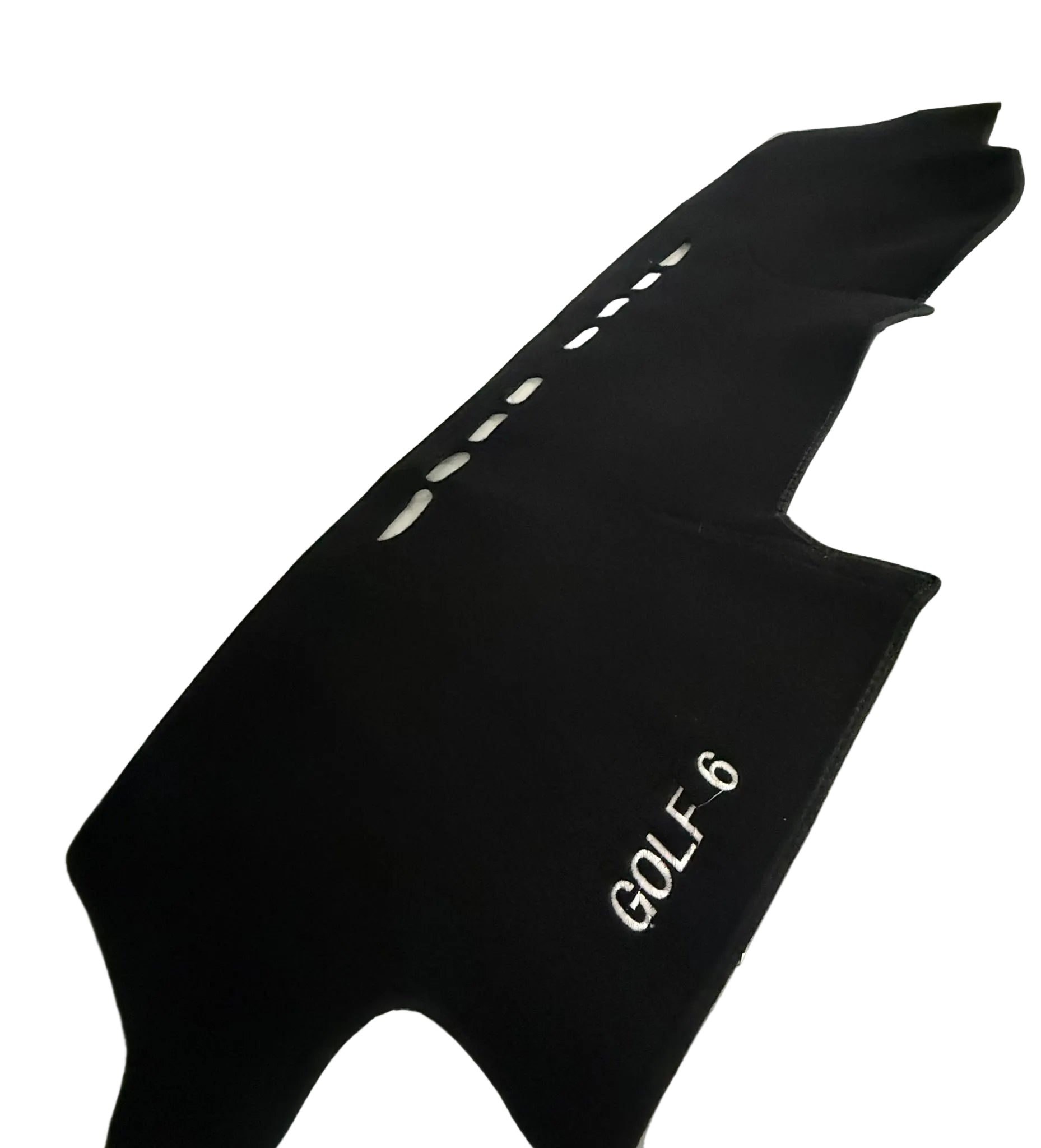 Black car mat with 'GOLF 6' text on a white surface