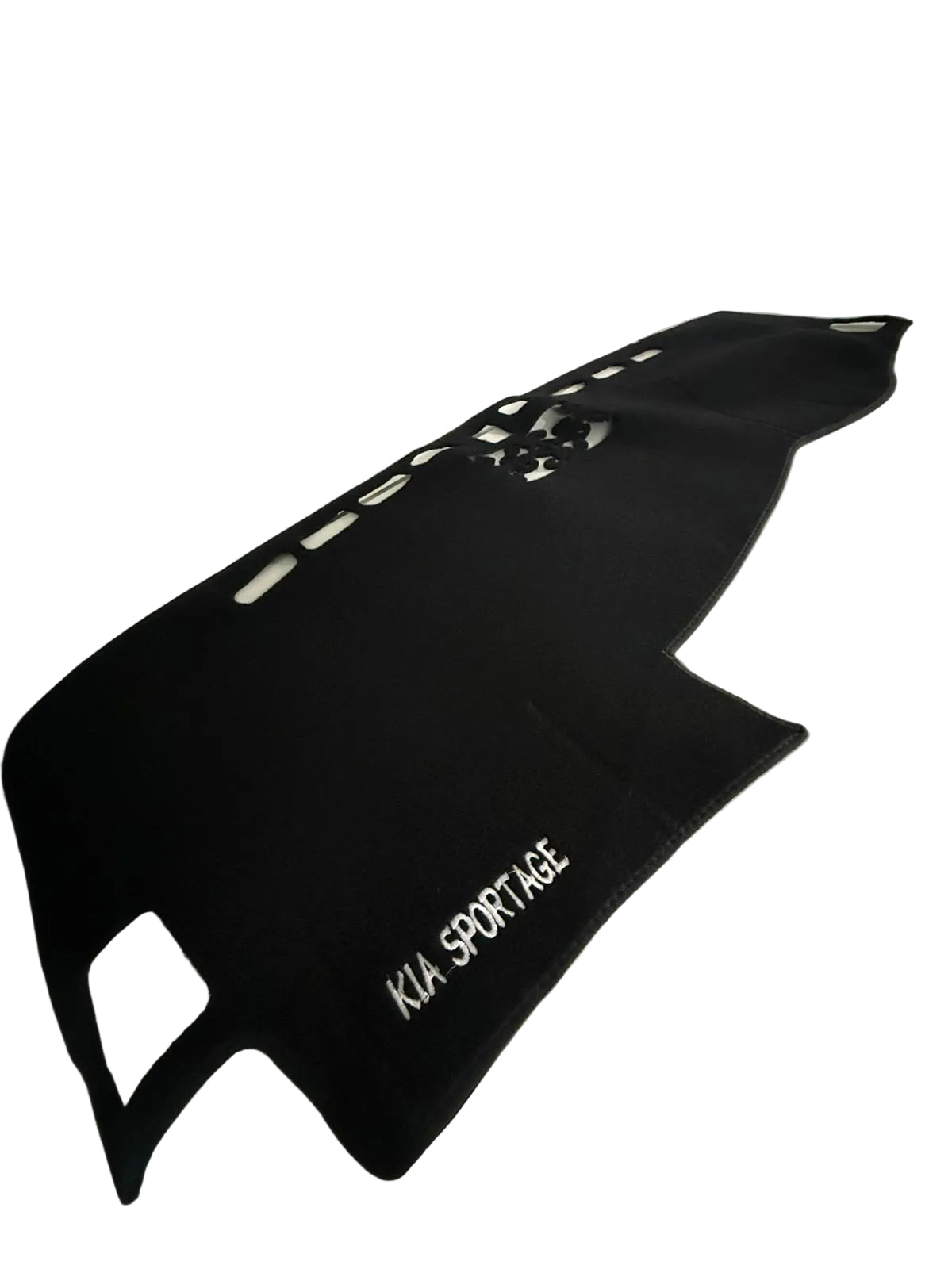 Black car mat with 'KIA SPORTAGE' branding on a white surface.