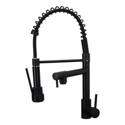 Black kitchen faucet with spring design on a white background