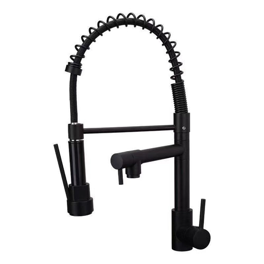 Black kitchen faucet with spring design on a white background
