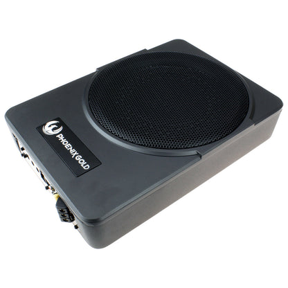 Black subwoofer with 'Phoenix Gold' branding on a white background
