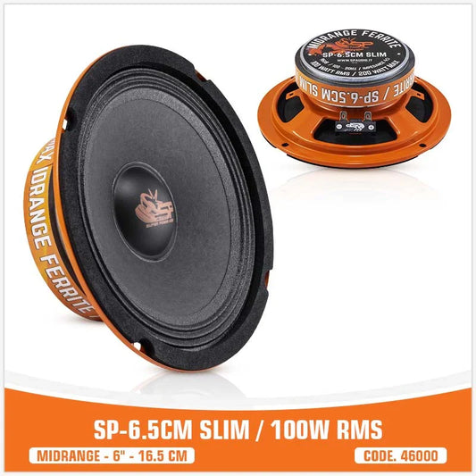 Orange ferrite subwoofers shown on a white background with an orange text banner at the bottom. One speaker is shown from a side angle displaying the brand name 'SPY ORANGE FERRITE', and the other is shown from a top-down angle displaying 'SP 6.