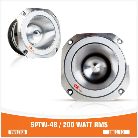 Two silver tweeters shown on a white background with an orange banner at the bottom reading 'SPTW-48 / 200 WATT RMS' and 'TWEETER'. The product appears to be a pair of round metal tweeters, one front view and one angled side view.
