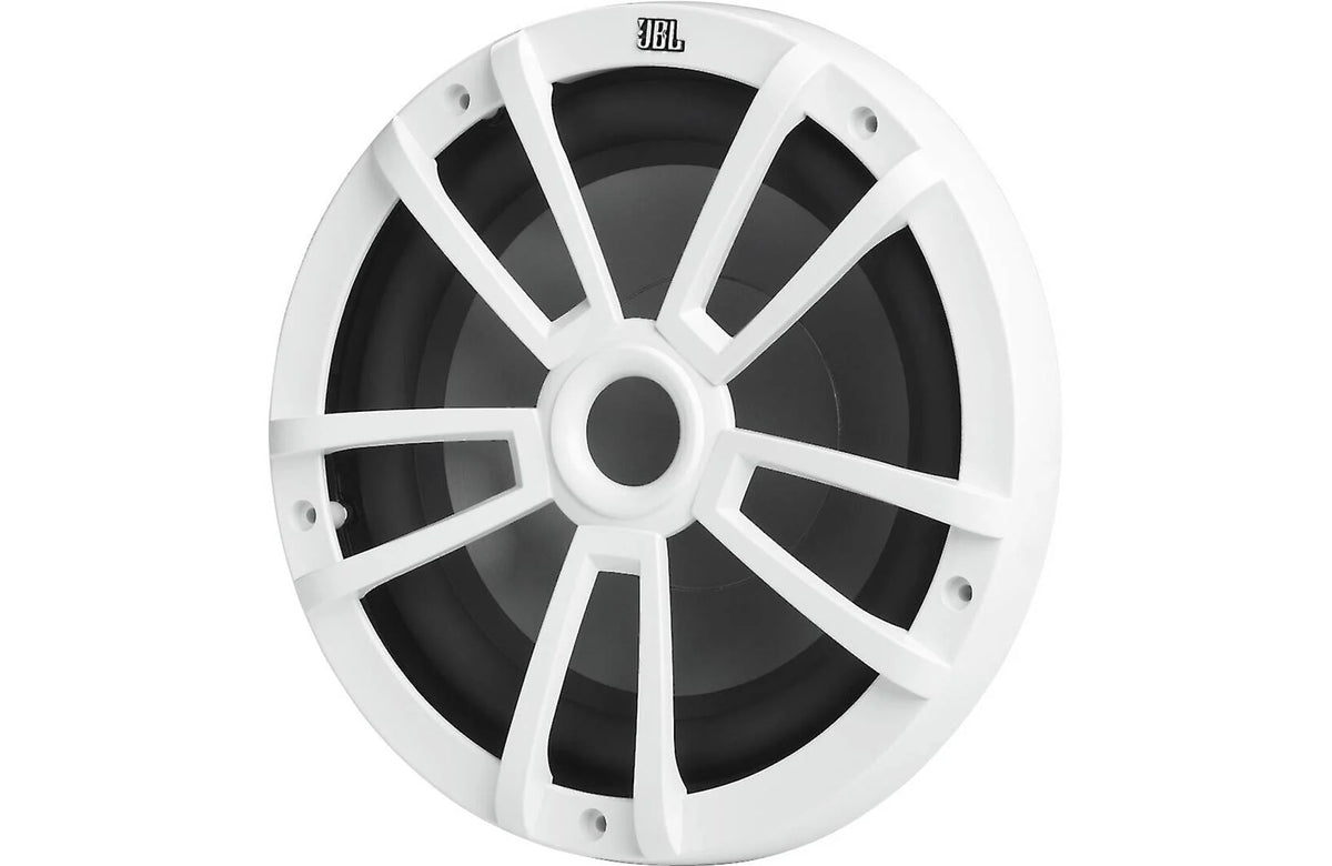A white JBL marine speaker with a multi-spoke design and a black cone, shown against a plain white background.