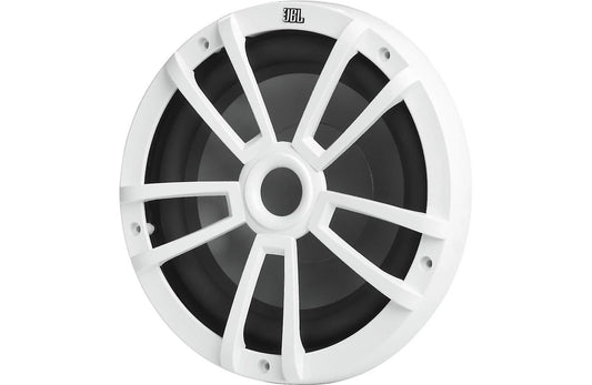 A white JBL marine speaker with a multi-spoke design and a black cone, shown against a plain white background.