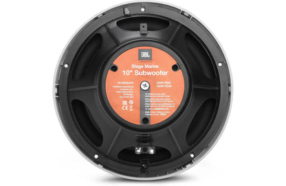 JBL Harman Stage Marine 10" Subwoofer rear view, featuring a black circular frame, internal speaker cones, and a central orange label with white text.