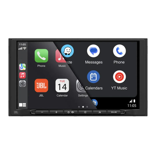 Car multimedia system with touchscreen display on a white background