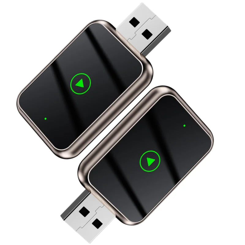 Two USB devices with black screens and green play icons on a white background