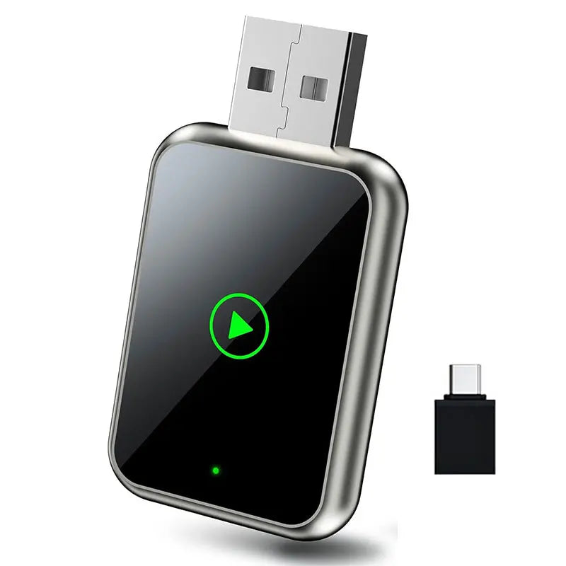 USB adapter with a black screen displaying a green play button icon on a white background.