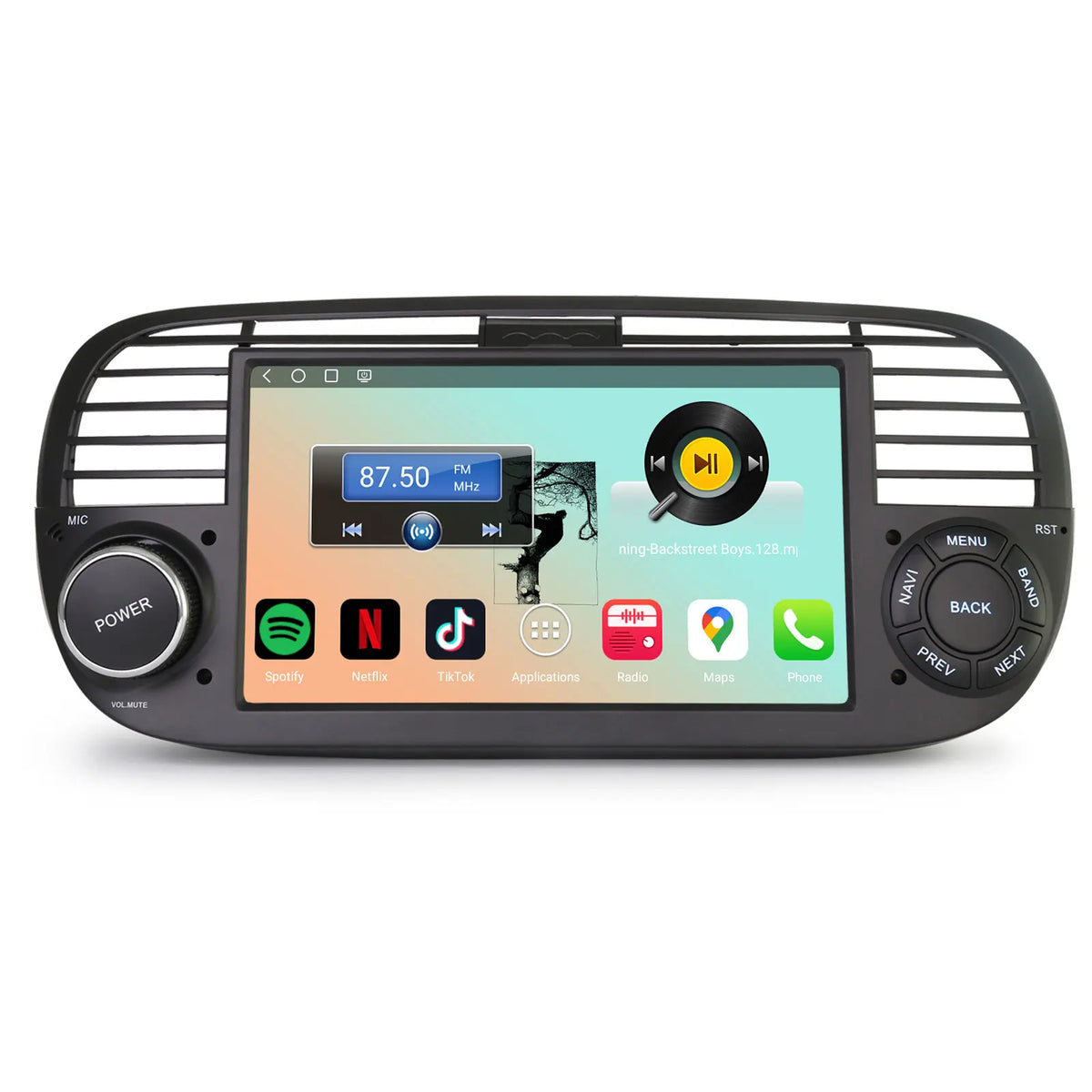 Black car stereo headunit with a touchscreen display showing media apps and radio interface, featuring physical volume and power knobs on both sides, photographed on a white background.