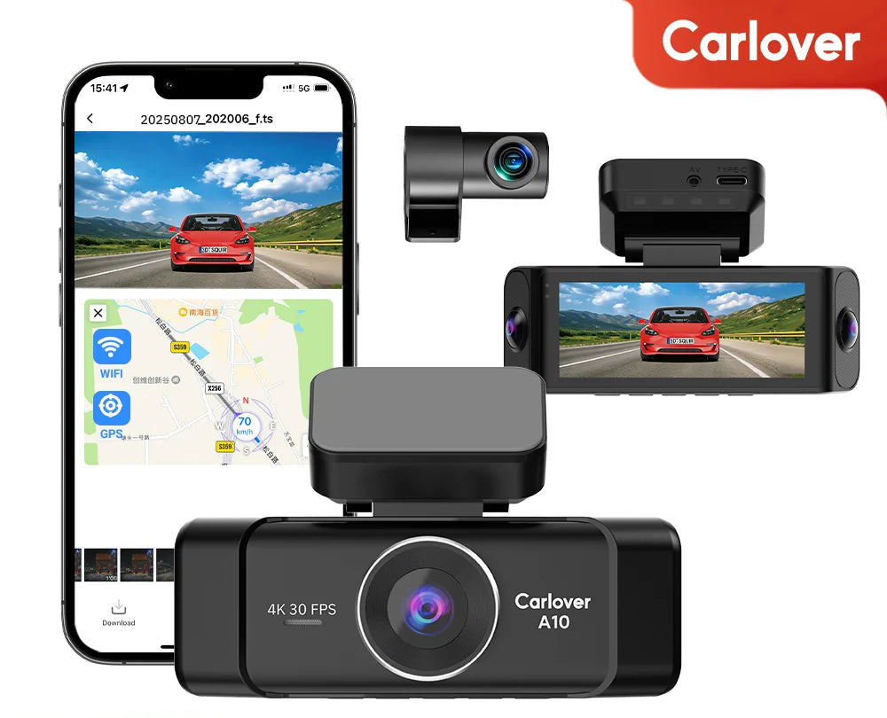 Carlover A10 3.39-inch 4K 1080p car dash cam shown in multiple angles, including front, rear, and side views, alongside a smartphone displaying the companion app.