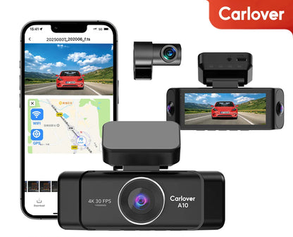 Carlover A10 3.39-inch 4K 1080p car dash cam shown in multiple angles, including front, rear, and side views, alongside a smartphone displaying the companion app.
