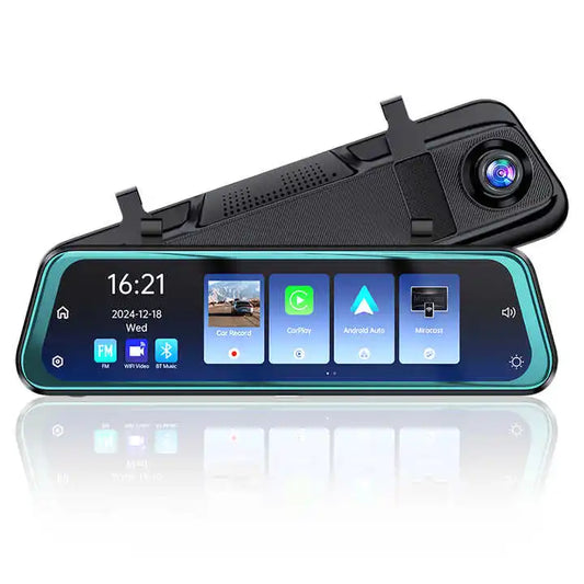 Car dashboard camera with touchscreen display on a white background