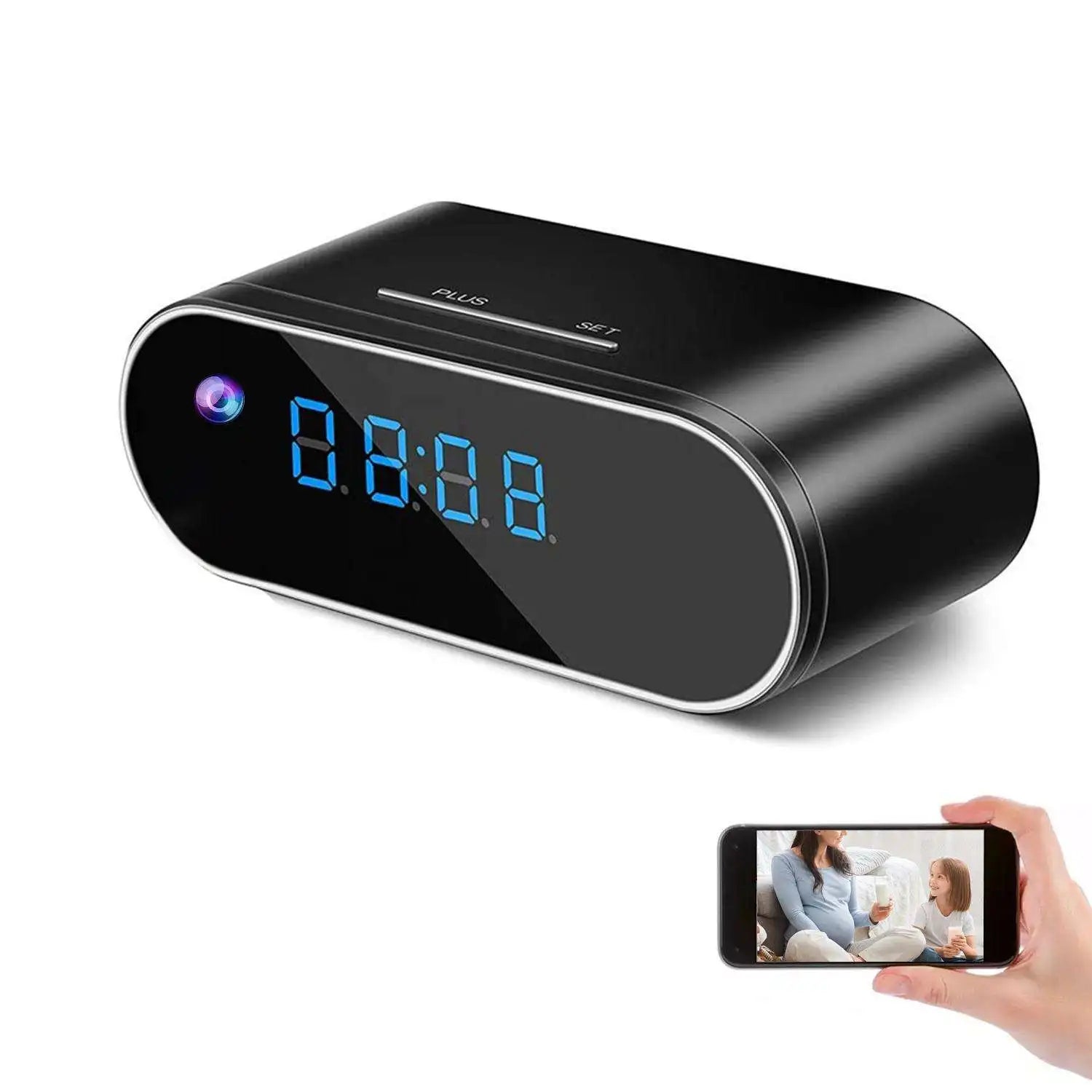 Black digital clock with blue LED display on a white background, showing a hand holding a smartphone with a video call.