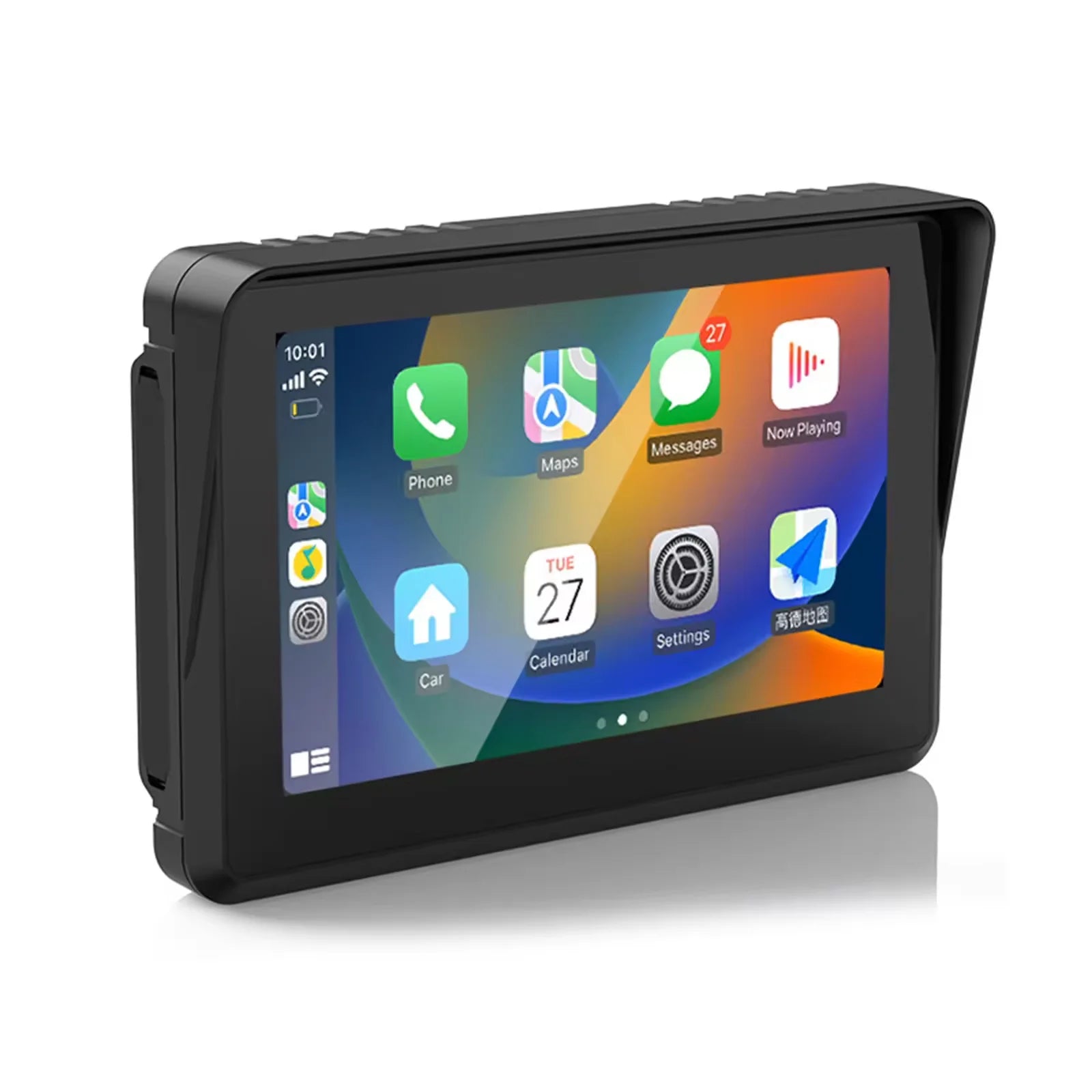 A black car stereo head unit with a protective bumper and a screen displaying a car multimedia interface, shown on a white background.