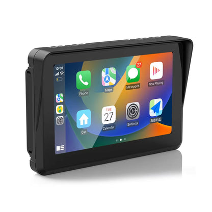 A black car stereo head unit with a protective bumper and a screen displaying a car multimedia interface, shown on a white background.
