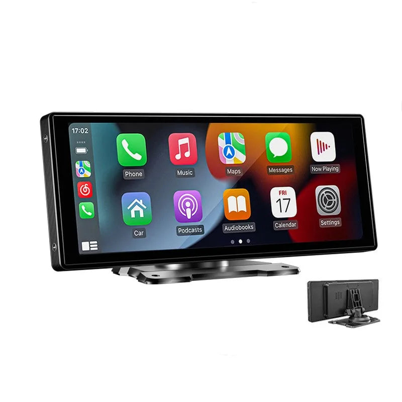 Car multimedia system with touchscreen display on a white background