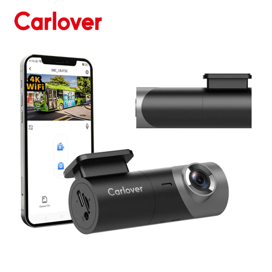 Carlover wireless WiFi car dash camera shown in two views (front and side profile) next to a smartphone displaying its companion app on a white background.