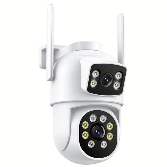 White outdoor security camera with antennas on a white background