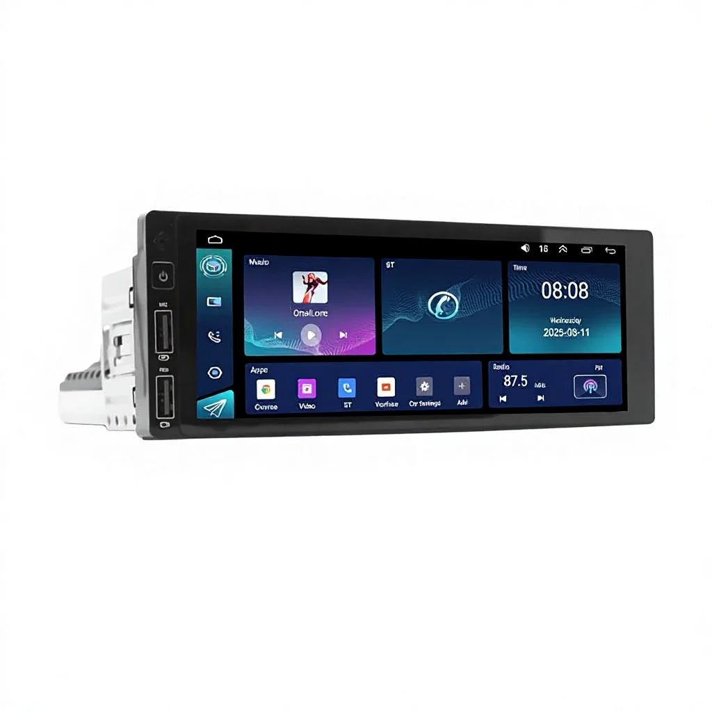 A black car stereo head unit with a large touchscreen display showing various apps and a digital clock, isolated on a white background.