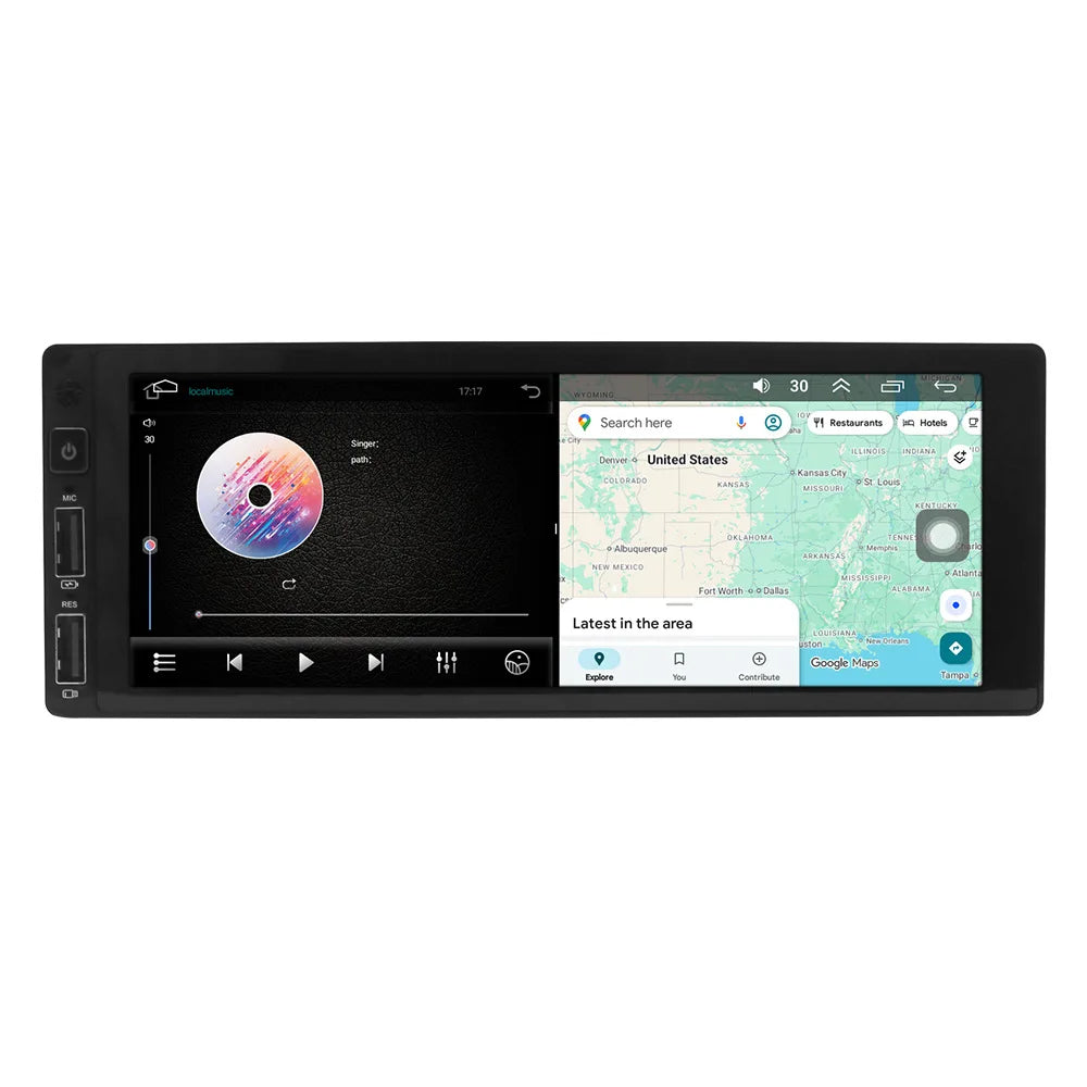 A black 7-inch car stereo head unit with a dual-screen display showing a music player and a GPS map interface, isolated on a white background.