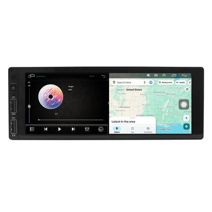 A black 7-inch car stereo head unit with a dual-screen display showing a music player and a GPS map interface, isolated on a white background.