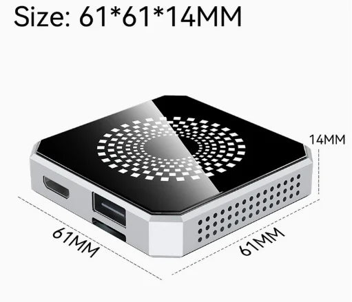 A small square electronic device with a black top panel, silver side housing, and visible ports, shown with dimension labels reading 61*61*14MM on a light gray background.
