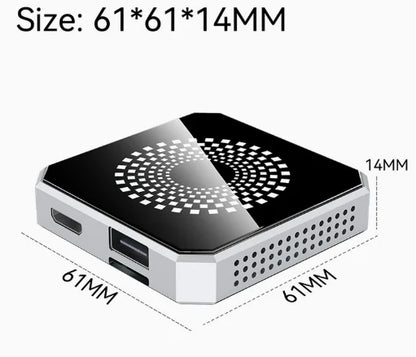 A small square electronic device with a black top panel, silver side housing, and visible ports, shown with dimension labels reading 61*61*14MM on a light gray background.