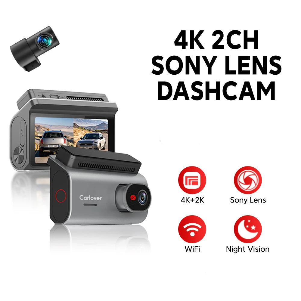 A 4K 2-channel Sony lens dashcam shown from multiple angles on a white background with promotional text and feature icons. The main product is silver and black, with a rear display screen showing a sample video feed.
