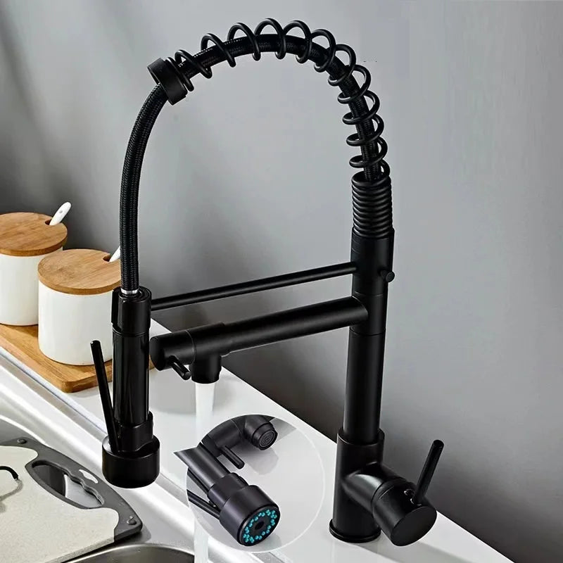 Black kitchen faucet with spring design on a gray background