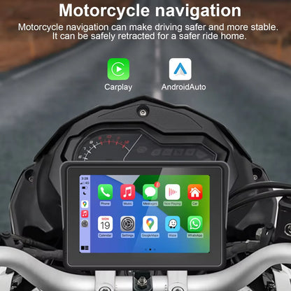 A motorcycle dashboard display screen mounted on the handlebar, showing a smartphone interface with app icons. Above the display, text reads 'Motorcycle navigation' with two app logos labeled Carplay and AndroidAuto.