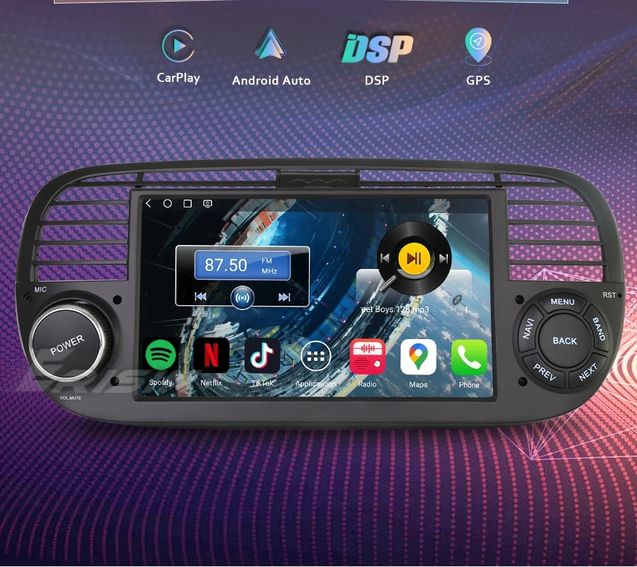A 7-inch Android 14.0 car multimedia head unit with a touchscreen display, dual rotary knobs, and feature icons for CarPlay, Android Auto, DSP, and GPS, shown against a purple gradient background.