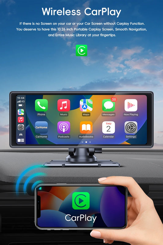 Wireless CarPlay system with smartphone and car dashboard display.