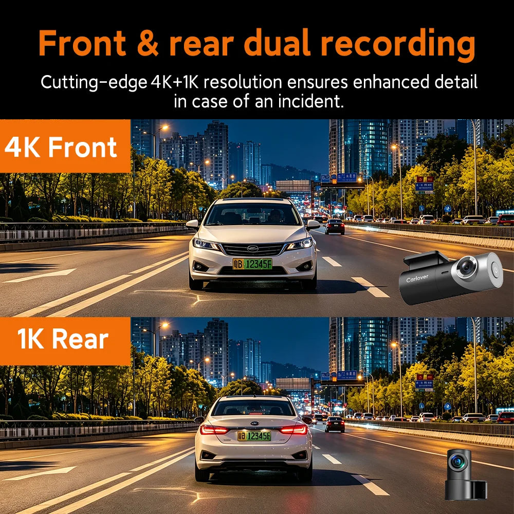 Promotional graphic for a dual-camera dash cam showing front and rear recording on a city night road. The top half is labeled '4K Front' with a white car in front and a small camera product inset at right.