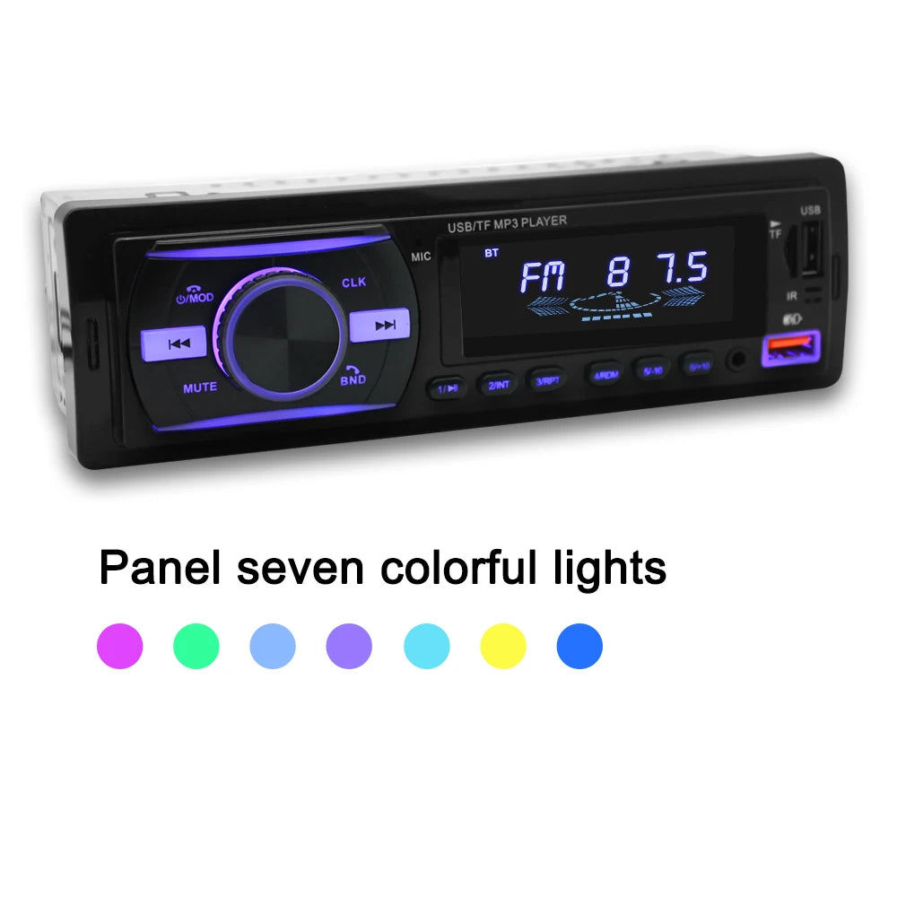 A 15-inch car stereo headunit player with a digital display and control buttons, shown on a white background with the text 'Panel seven colorful lights' and seven colored light circles below.