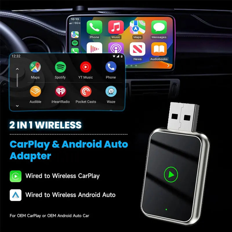 2-in-1 wireless CarPlay and Android Auto adapter with smartphone displaying app icons on a car dashboard background.