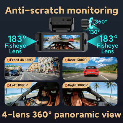 Car dashboard camera with 4-lens 360-degree panoramic view and anti-scratch monitoring features.
