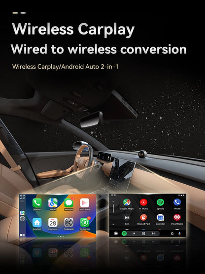 Car dashboard with wireless Carplay and Android Auto conversion kit, showing app interfaces.