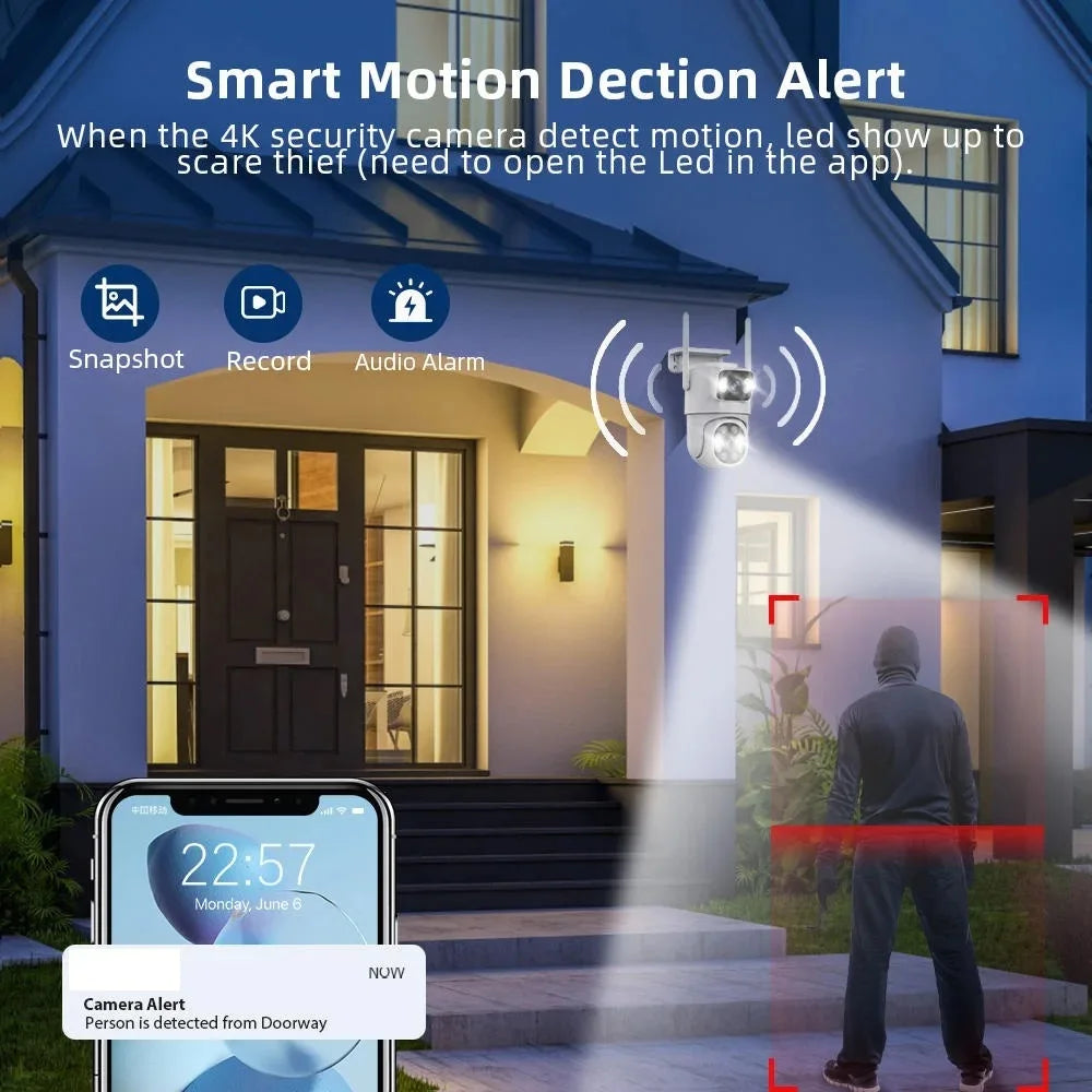 Smart security camera system with motion detection alert feature displayed on a smartphone app.