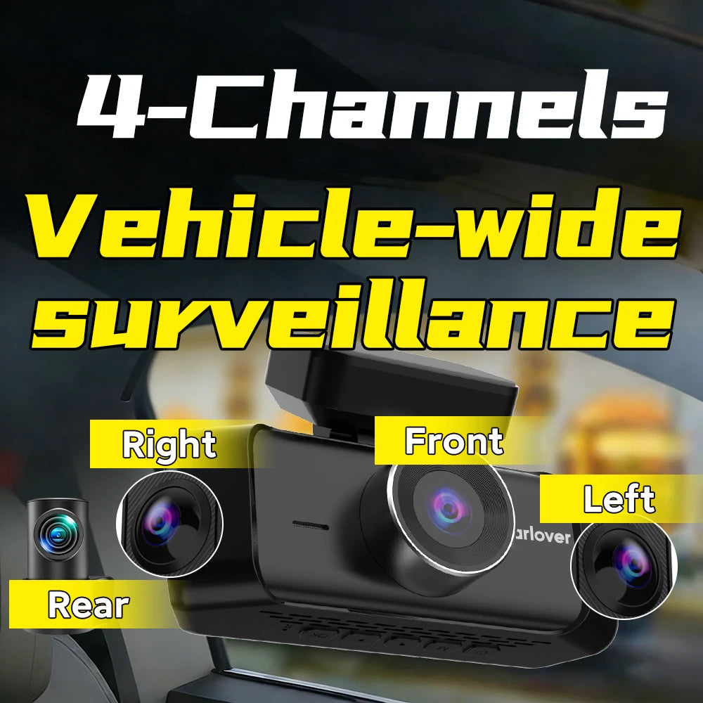 A 4-channel vehicle wide surveillance camera system with front, rear, right, and left lenses, shown mounted on a car windshield with large promotional text overlay.